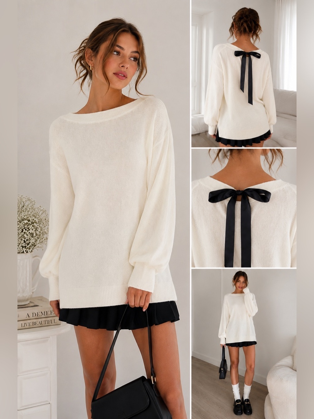 Joe Fresh Cream Soft Knit Bow Back Sweater Cozy Coquette Preppy Size M